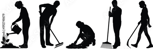 Gardening people silhouettes, landscaping workers planting raking digging watering yard work figures, black human outdoor activity vector set