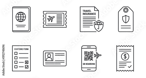 Travel documentation and essentials line icons set