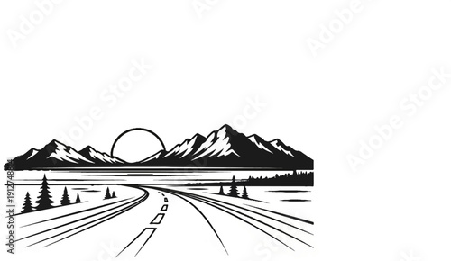 A solitary road winds through a minimalist landscape with mountains, trees, and a sun