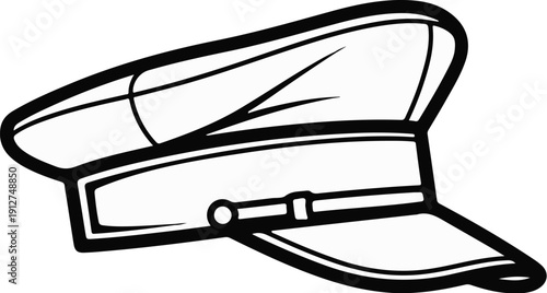 A simple black and white line drawing of a peaked cap with a brim