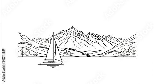 A solitary sailboat glides across calm waters with majestic, rugged mountains in the background