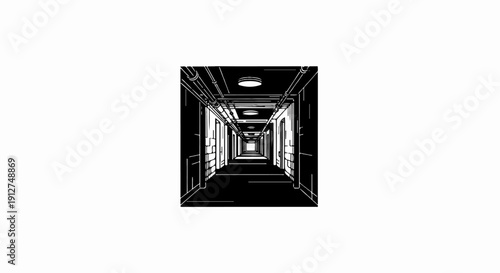 A long, dark hallway with pipes and lights disappearing into the distance