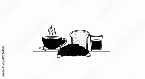 A simple illustration of a steaming cup of coffee, a croissant, toast, and a glass of dark liquid