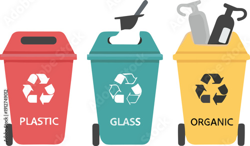 Recycling bins for plastic glass and organic waste colorful eco friendly trash vector illustration set