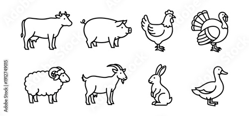 Farm animals line drawings set