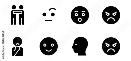 Human emotions and actions black and white icons set