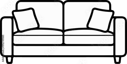 A simplified line drawing of a two-seater sofa with two square cushions