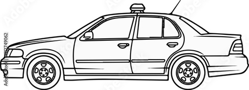 A simple black and white line drawing of a police car