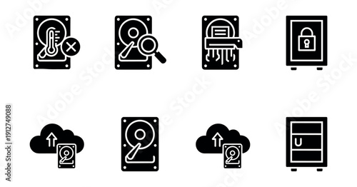 Data storage and security line icons set