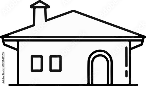 A simple black and white line drawing of a single-story house with a pitched roof and chimney