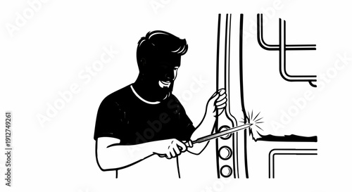 A man with a beard, wearing a t-shirt, is welding metal pipes