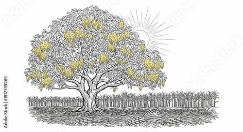 A lush tree laden with yellow fruit stands in a sunlit field