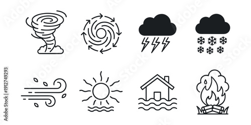 Weather and natural disasters line icons set