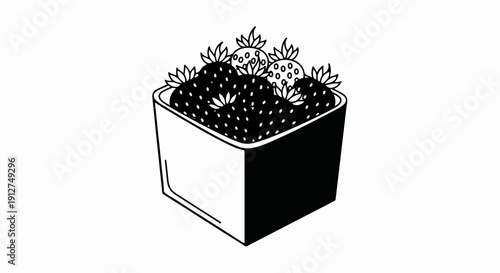A simplistic black and white illustration of a square container filled with strawberries