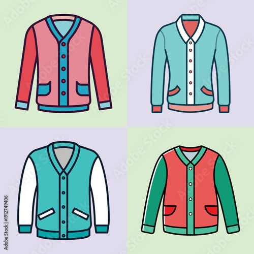 Colorful Cardigan Sweaters Vector Illustration Set, Flat Design