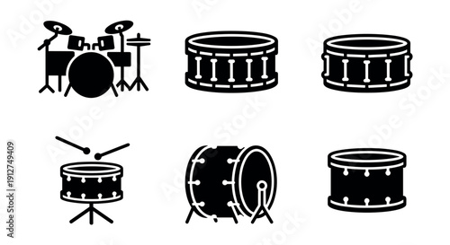 Drum and drum components black and white icons set