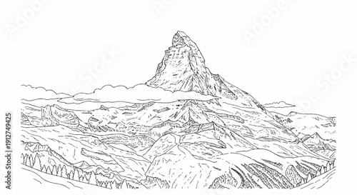 A majestic mountain peak dominates the landscape with dramatic clouds and surrounding terrain