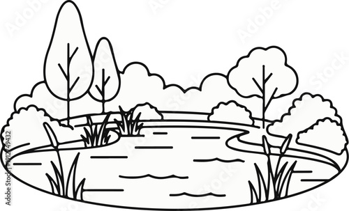 A simple line drawing depicts a tranquil pond with reeds, grass, and trees