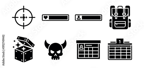 Gaming and app interface black and white icons set