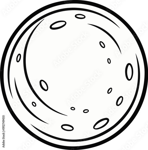 A simple black and white line drawing of a textured planet with craters