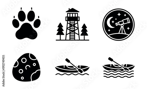 Outdoor and adventure black and white icons set