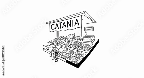 A seafood stall displays fresh catches, including fish, octopus, and shellfish, with a scale for weighing