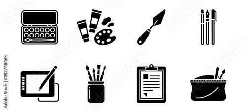 Artistic tools and supplies icons set