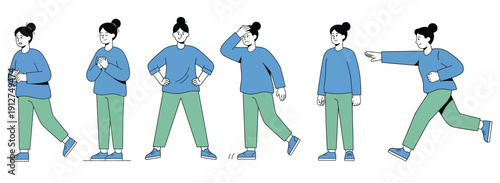 Modern female character collection representing everyday emotions, personal confidence, stress, concern, calmness, movement, and self-expression.
