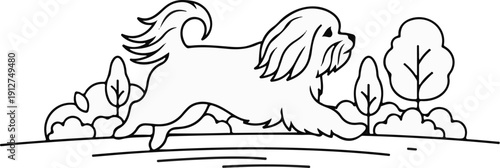 A playful dog runs through a park with trees and bushes