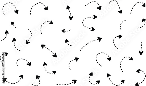 Hand drawn dotted arrow collection, curved dashed arrows set for navigation, direction, infographic design, workflow, movement, UI illustration