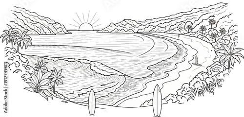 A serene bay with rolling hills, palm trees, waves, and surfboards at sunrise