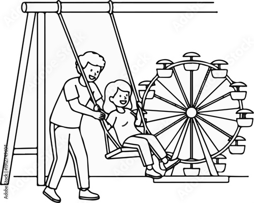 A man pushes a girl on a swing next to a Ferris wheel at an amusement park