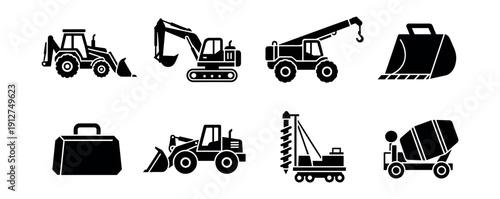 Construction vehicles and equipment silhouette icons set