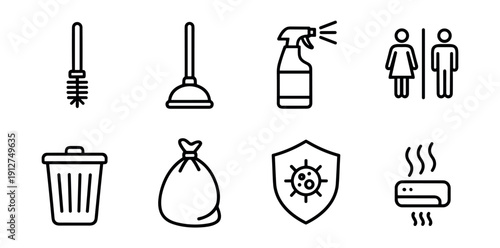 Cleaning and sanitation line icons set