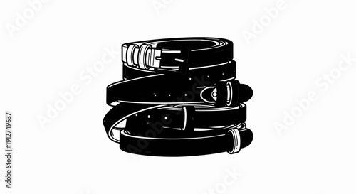 A stack of rolled-up belts, each with a buckle, forming a layered arrangement