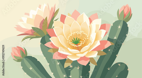 A pastel-colored illustration of cactus plants with large, delicate blooms and buds