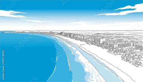 A serene coastal city skyline stretches along a vast blue ocean