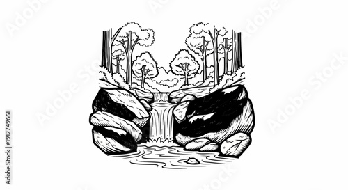A serene forest scene with a cascading waterfall and large rocks