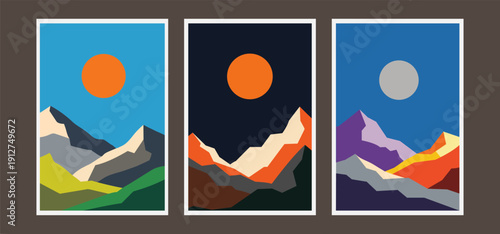 Minimal Abstract Mountain Landscape Vector Set with Sun and Moon, Modern Flat Nature Poster Collection