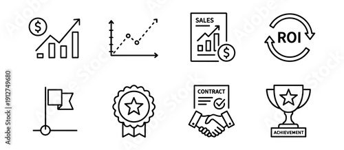 Business and success metrics line icons set
