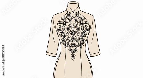 A light-colored, traditional tunic with a detailed floral embroidery on the front