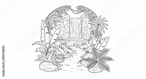 A serene jungle scene featuring a cascading waterfall and lush foliage