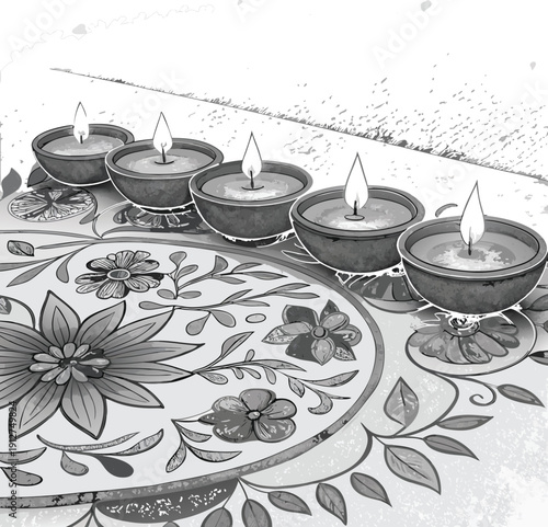 diwali---oil-lamps-with-floral-rangoli-pattern