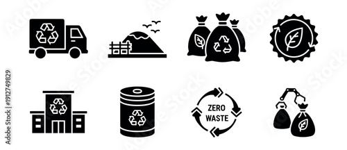 Waste management and recycling black and white icons set