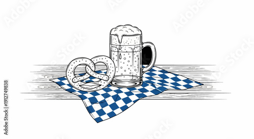 A sketch of a pretzel and a frothy beer mug on a checkered cloth over wood
