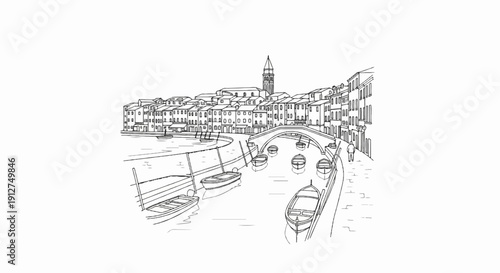 A sketch of a canal lined with buildings, a bridge arches over, and boats float