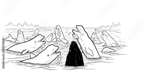 A pod of beluga whales breaching and feeding on fish in ocean waters