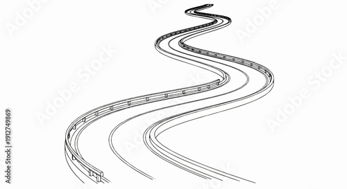 A sketch of a winding road with guardrails stretching into the distance