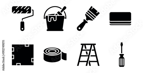 Painting and DIY tools monochrome icons set