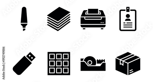 Office supplies monochrome icon set